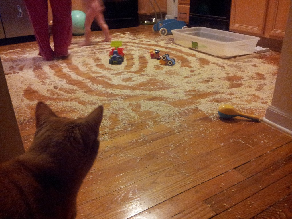 Abby Theuring, The Badass Breastfeeder, playing in dry oats with son and cat. 