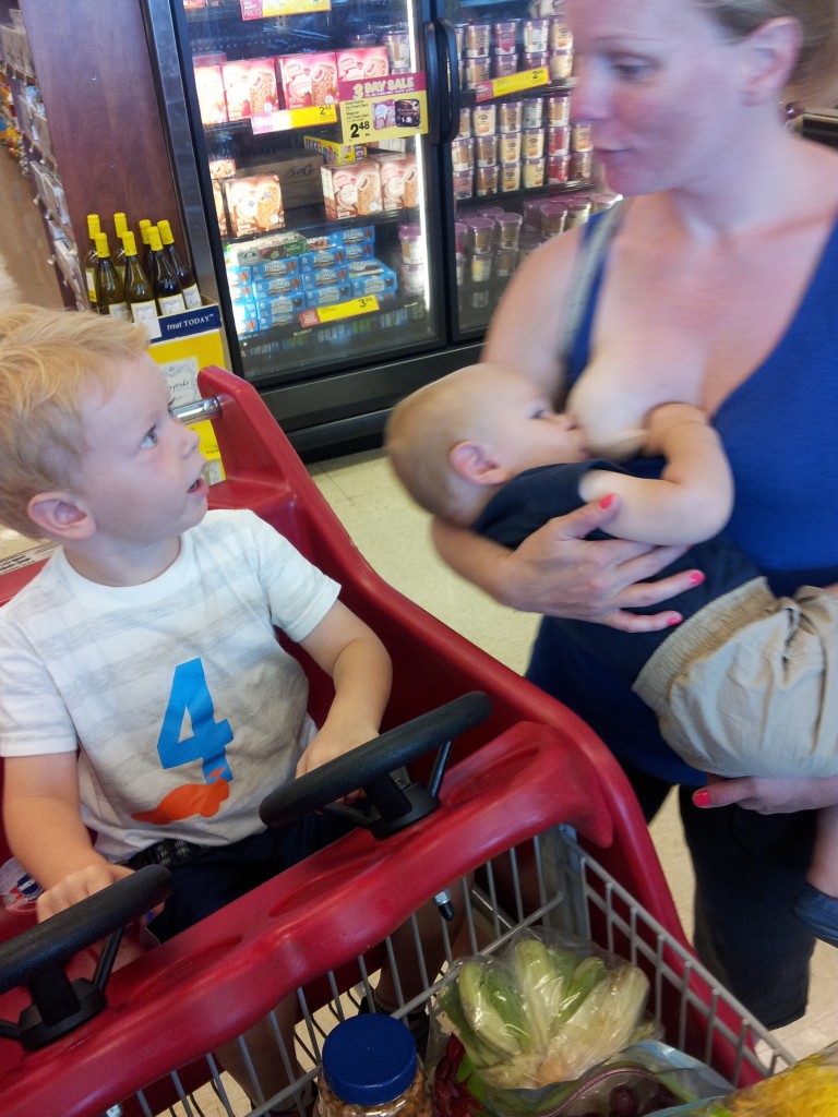Abby Theuring, The Badass Breastfeeder, with sons at grocery store. 